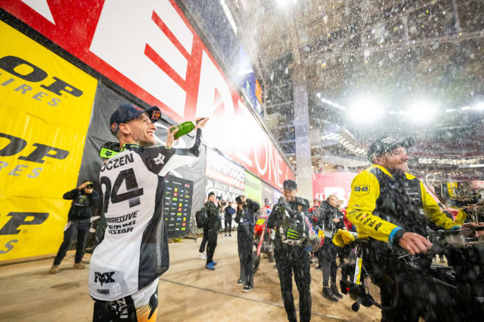 Ken Roczen celebrates after Saturday night's Supercross win in Glendale, Arizona.